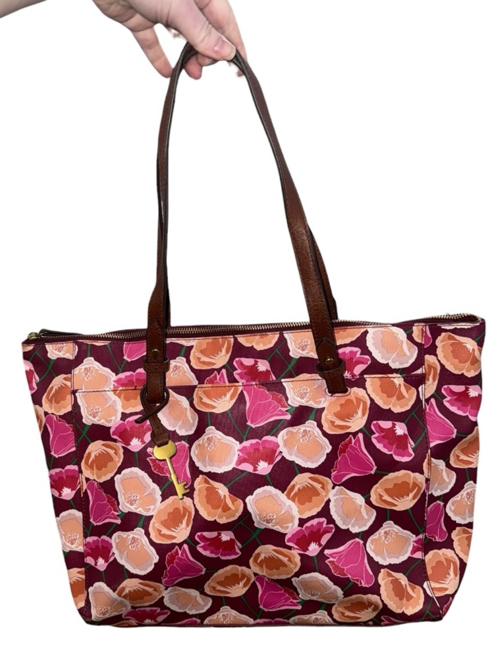 Fossil Pink Rachel Floral Print Tote with Brown Leather Straps, gold key - Picture 3 of 10